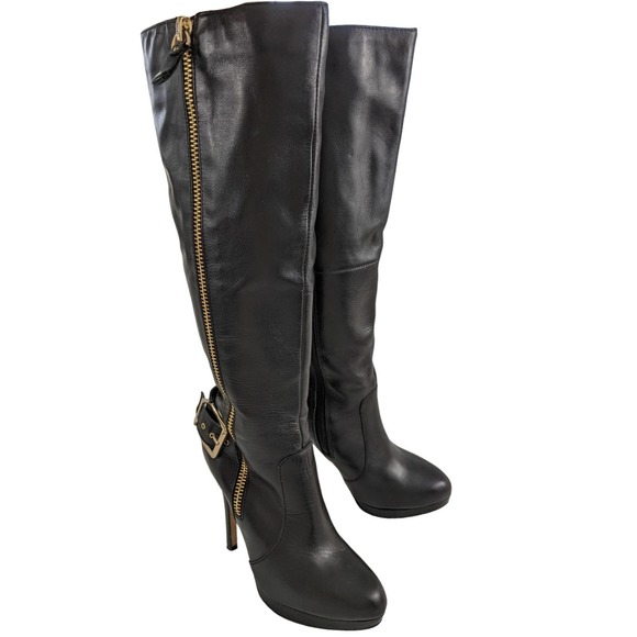 ALDO! AWESOME BAIA BLACK LEATHER ZIPPER DETAIL STILETTO BOOTS! SZ 7 - Picture 2 of 10